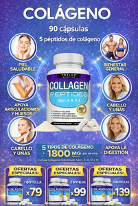Colágeno Péptidos Toplux 1800 mg 90 Cápsulas - 5 Tipos de Colágeno en un solo Producto
